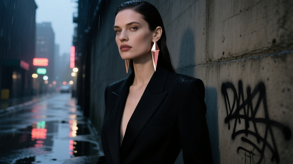 Street style photo of a woman in a black blazer wearing rose gold dagger earrings, standing against a moody, dark urban backdrop