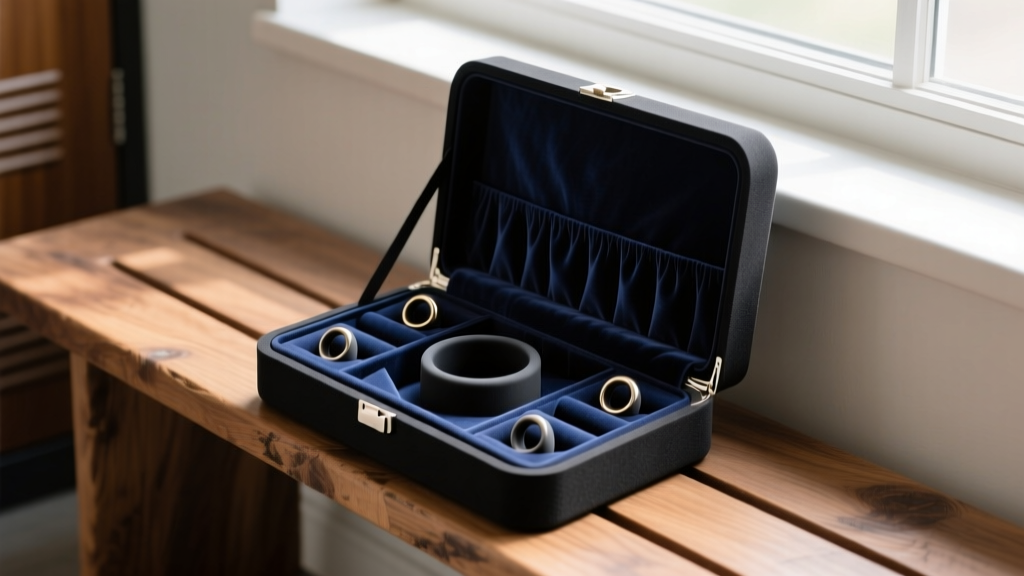 Matte-black EVA foam sports jewelry holder open on a wooden locker bench, showing silicone ring cones and dark velvet lining.
