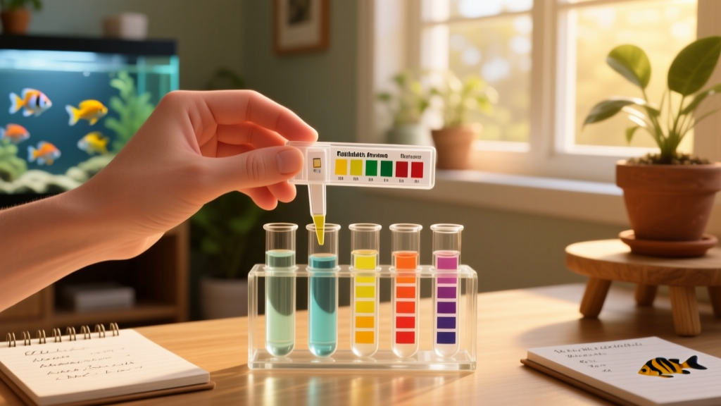 Hand testing aquarium water with a reliable test kit, showing clear vials and color chart