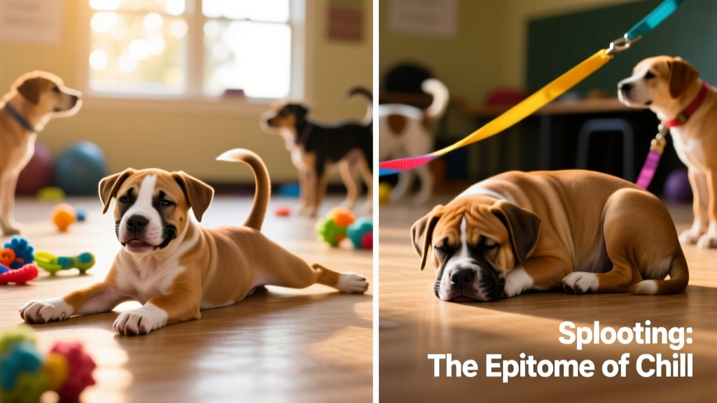 Side-by-side comparison showing a healthy sploot pose versus a tense or uncomfortable resting position in a young dog