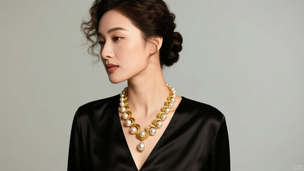 Woman wearing a gold baroque pearl lariat necklace draped in a Y-shape over a black silk V-neck blouse, soft studio lighting