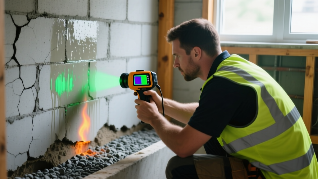 Contractor in high-vis vest inspecting a weeping basement wall with a thermal imaging camera next to an exposed concrete footer and gravel trench