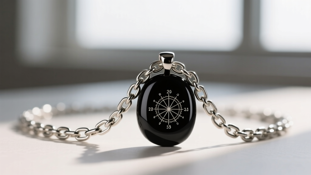 Close-up of a 2.5mm steel curb chain necklace featuring a matte black onyx signet pendant with a subtle engraved coordinate