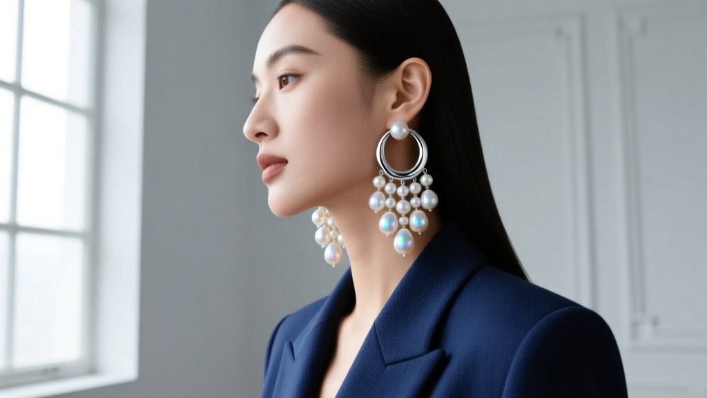 Side profile of a woman in a tailored blazer showcasing 50mm rhodium-plated silver hoop earrings with cascading south sea pearls