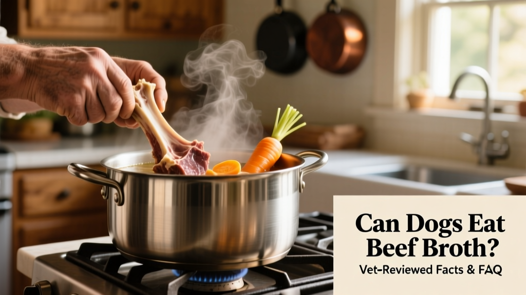 Close-up of hands preparing homemade beef broth: simmering beef bones and carrots in a large stainless-steel pot on a stovetop