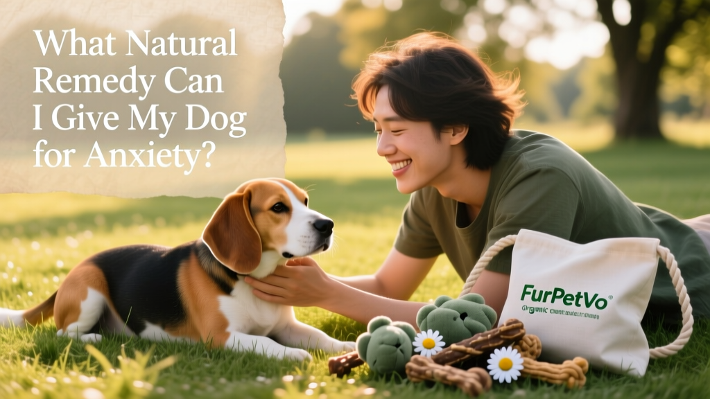 A smiling person gently petting a relaxed beagle on a grassy lawn, with a FurPetVo branded toy bag nearby