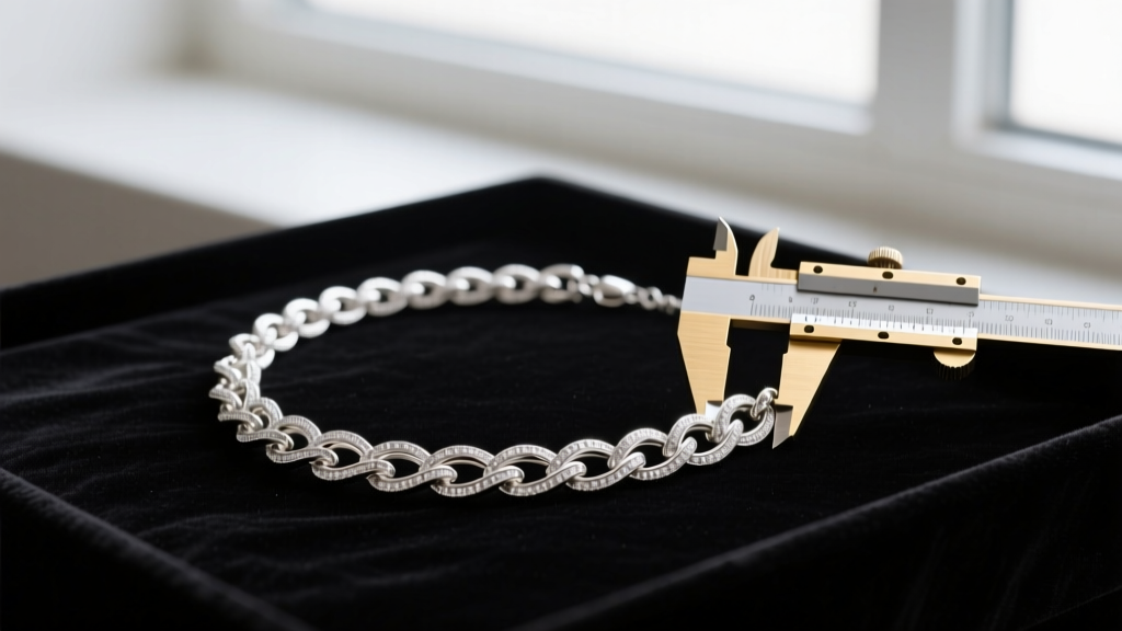 Rhodium-plated sterling silver three-strand necklace on dark velvet, measured by brass calipers under a bright jeweler