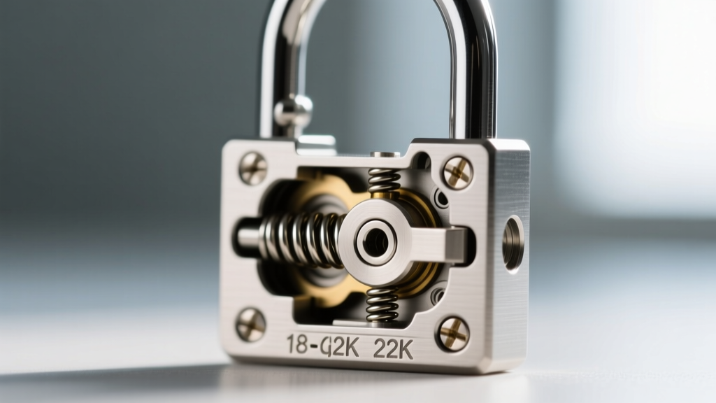 Close-up photo of the internal spring in a titanium earring padlock clutch, emphasizing tension arms and an 18-gauge post hole.