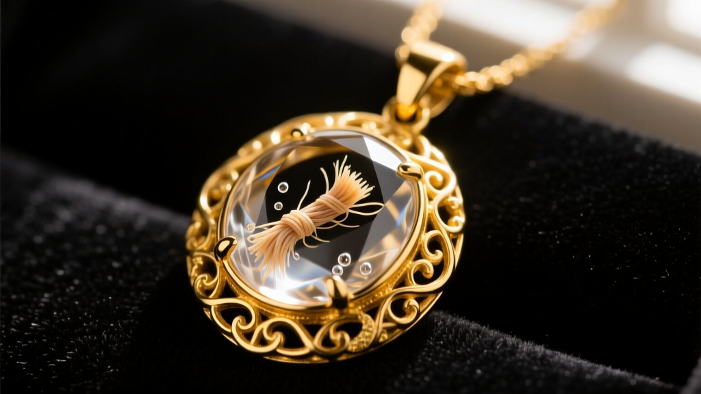 Macro shot of a 14k yellow gold bezel pendant holding a preserved umbilical cord stump sealed in clear resin against dark velvet