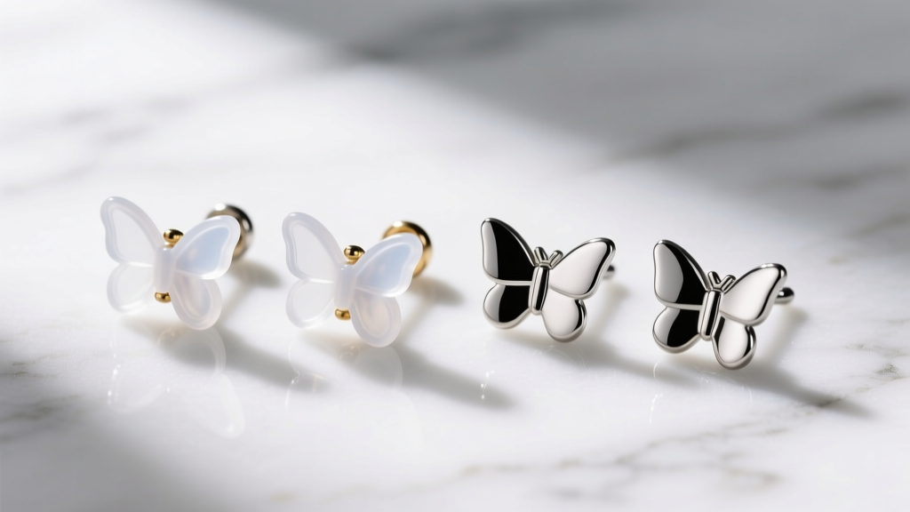 Close-up photo of 20-gauge and 18-gauge earring posts next to clear silicone and metal butterfly backs on a white marble surface