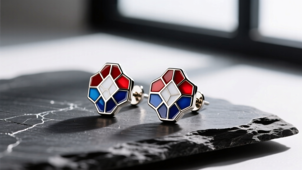 Close-up of titanium stud earrings with geometric vitreous enamel inlays in vivid red, white, and blue resting on dark slate.