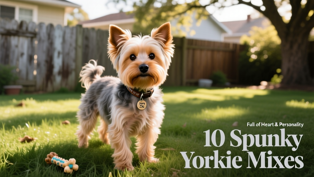 Yorkie Poo, Poodle Yorkie mix, standing in backyard