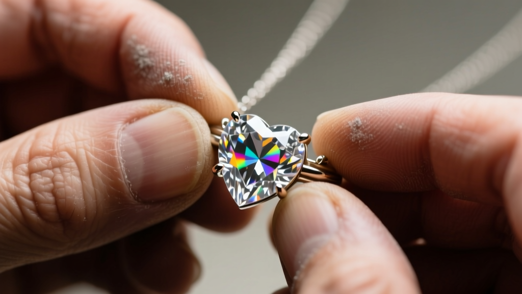 Macro shot of a jeweler examining the prongs of a cubic zirconia heart necklace replica under focused jewelry bench lighting.