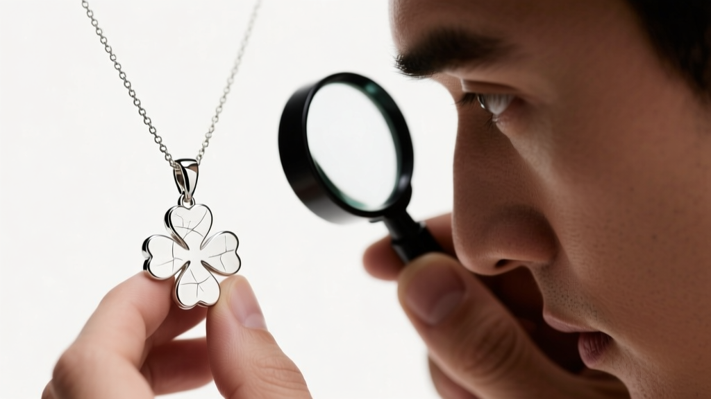 Jeweler examining rhodium wear on the bail of a white gold clover necklace using a loupe under bright, focused studio lighting.