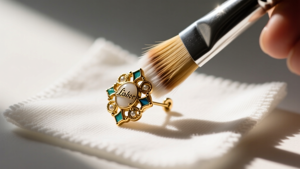Soft brush cleaning a vintage Lisner clip-on earring over a microfiber cloth, highlighting careful jewelry restoration techniques