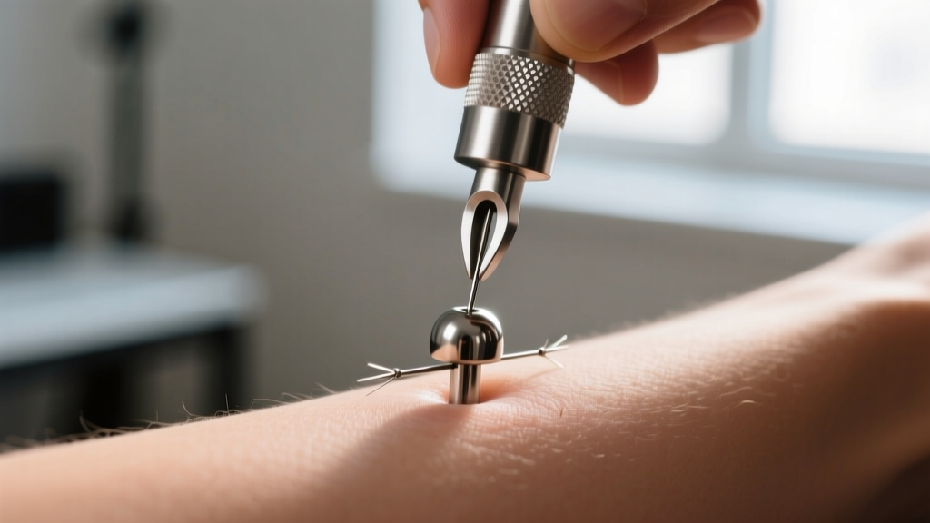 Macro shot of a piercer using a steel dermal wrench to secure a threaded titanium top onto a dermal anchor on a client's wrist