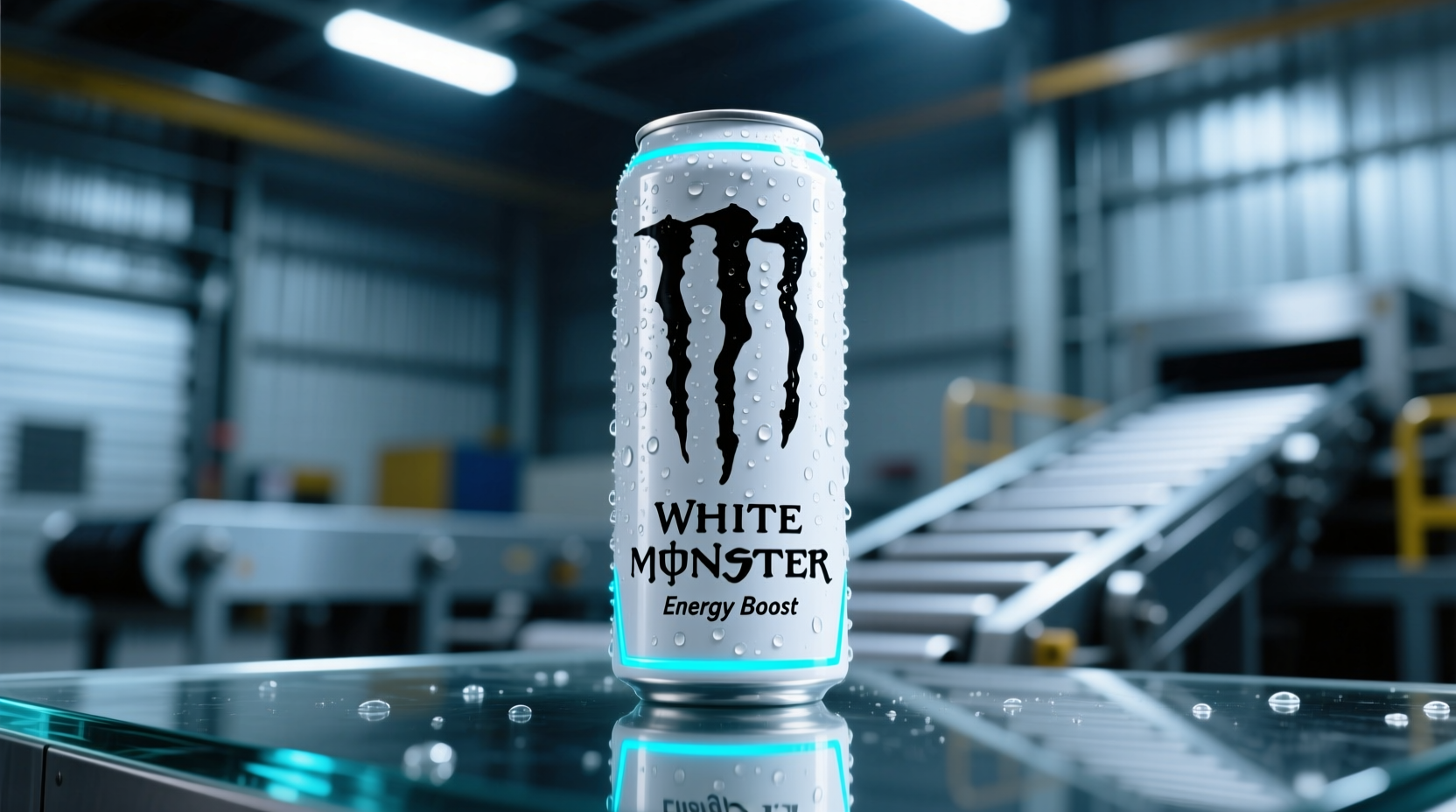 White Monster energy drink can with condensation