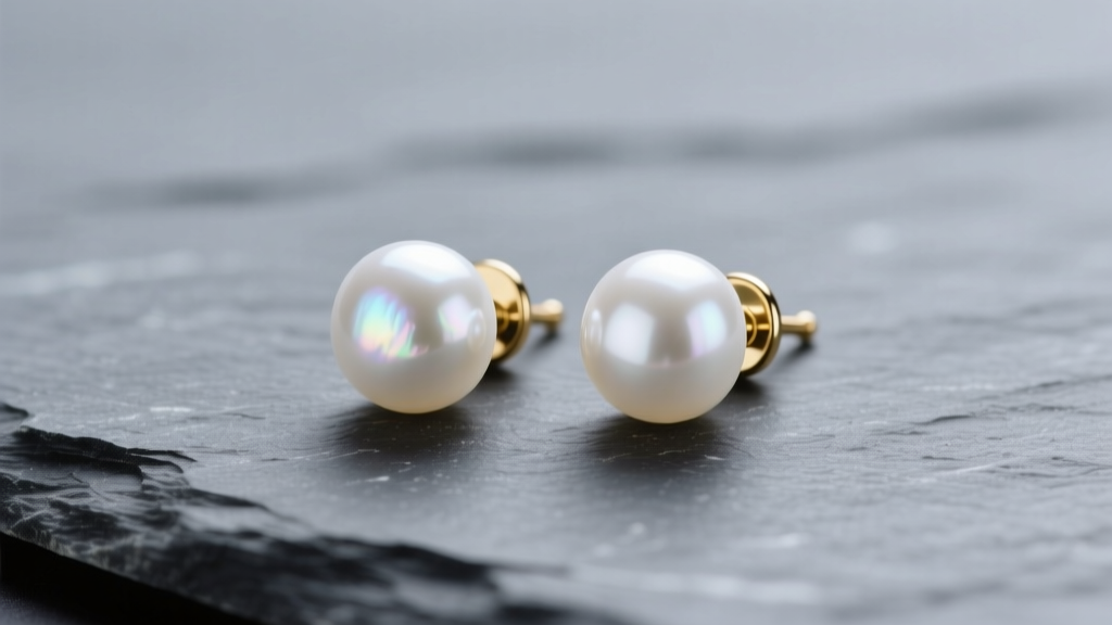 White Akoya double pearl studs on slate, lit by soft light highlighting radiant luster, smooth nacre, and gold posts.