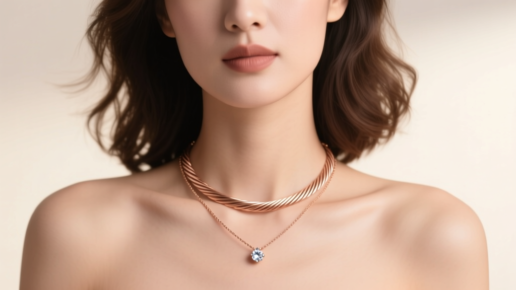 Woman wearing a 4mm rose gold foxtail necklace layered with a thin cable chain and a diamond pendant under soft warm studio light