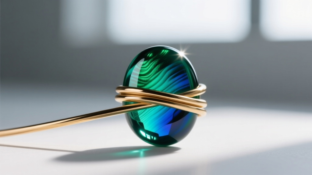 Macro shot of brass wire wrapping a vibrant teal dichroic glass cabochon, highlighting metallic texture and bright reflections.