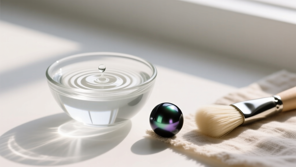 A small glass bowl of distilled water with a drop of mild castile soap next to a soft bristle brush and a single Tahitian pearl.