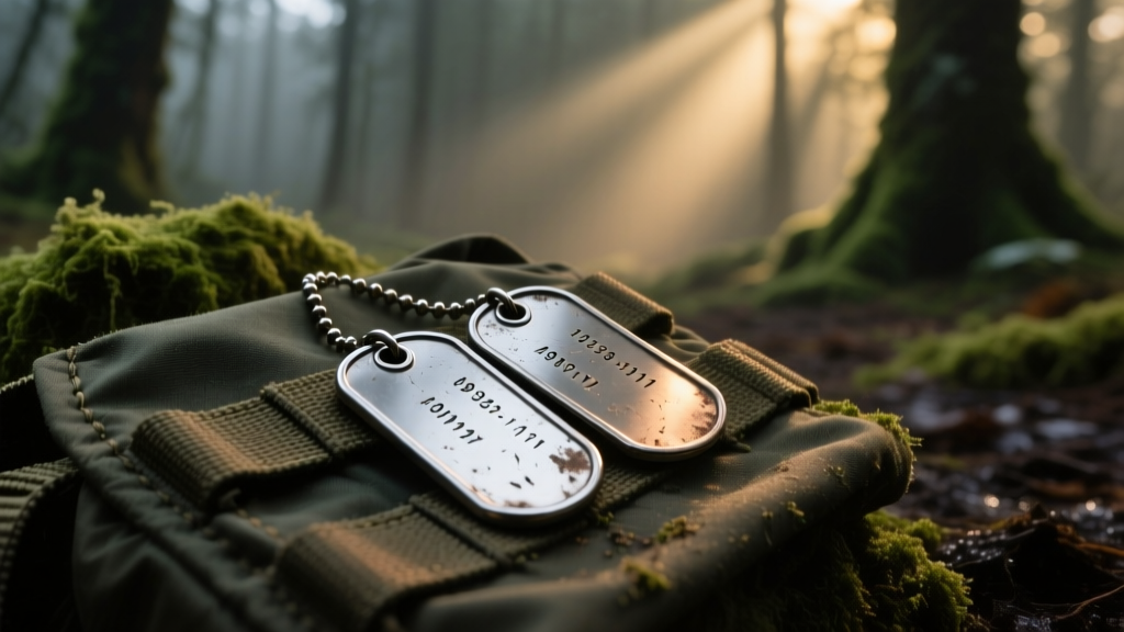 Weathered stainless steel army dog tags resting on tactical nylon gear, illuminated by moody, directional forest lighting.