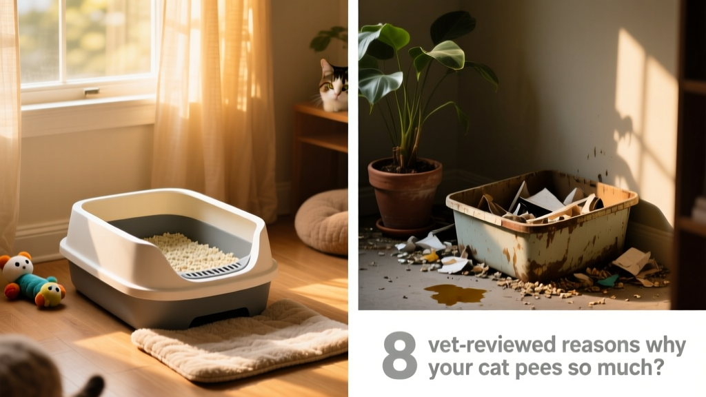 Side-by-side comparison of two litter boxes: one clean and inviting, the other cluttered and poorly placed