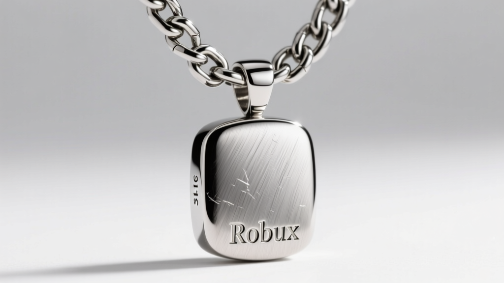 Macro shot of polished 316L stainless steel Robux pendant on a thick Cuban link chain, highlighting the brushed metal grain.