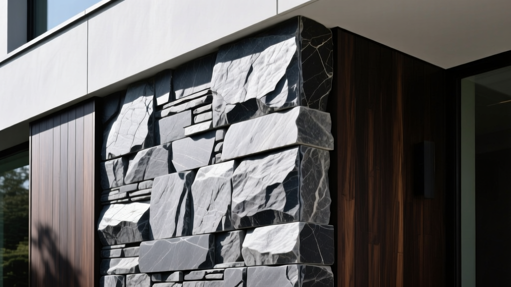 Close-up of natural granite stone veneer in charcoal and silver tones installed on a modern exterior facade with dark wood accents