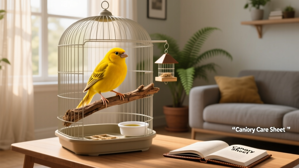 A vibrant yellow canary perched on a natural wooden branch inside a spacious, well-equipped cage