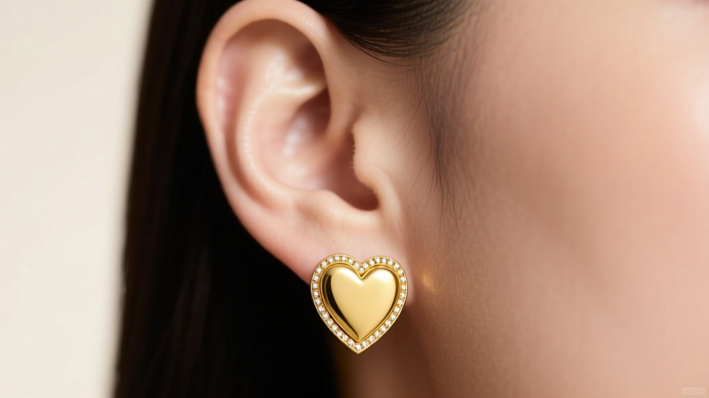 Close-up of a womans ear wearing 10mm 14k yellow gold heart huggie earrings on the lobe, soft studio lighting, elegant aesthetic