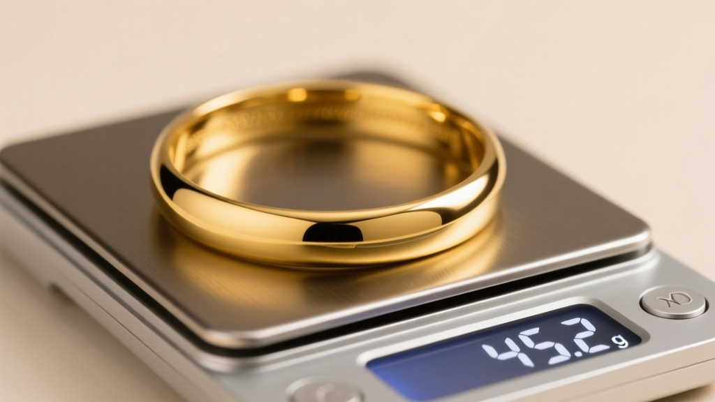22k yellow gold bangle on a digital scale showing 45.2 grams, lit by soft studio lighting to reveal its smooth, polished metal surface