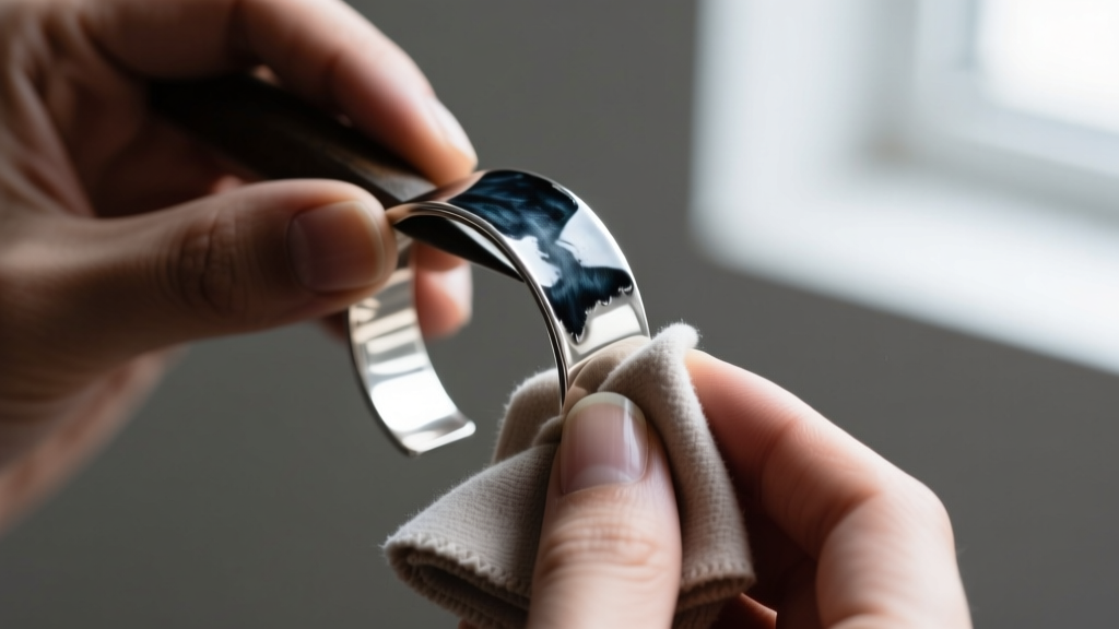 Hands polishing a lead free pewter cuff bracelet with a cloth, revealing the bright tin alloy beneath the dark oxidized patina.