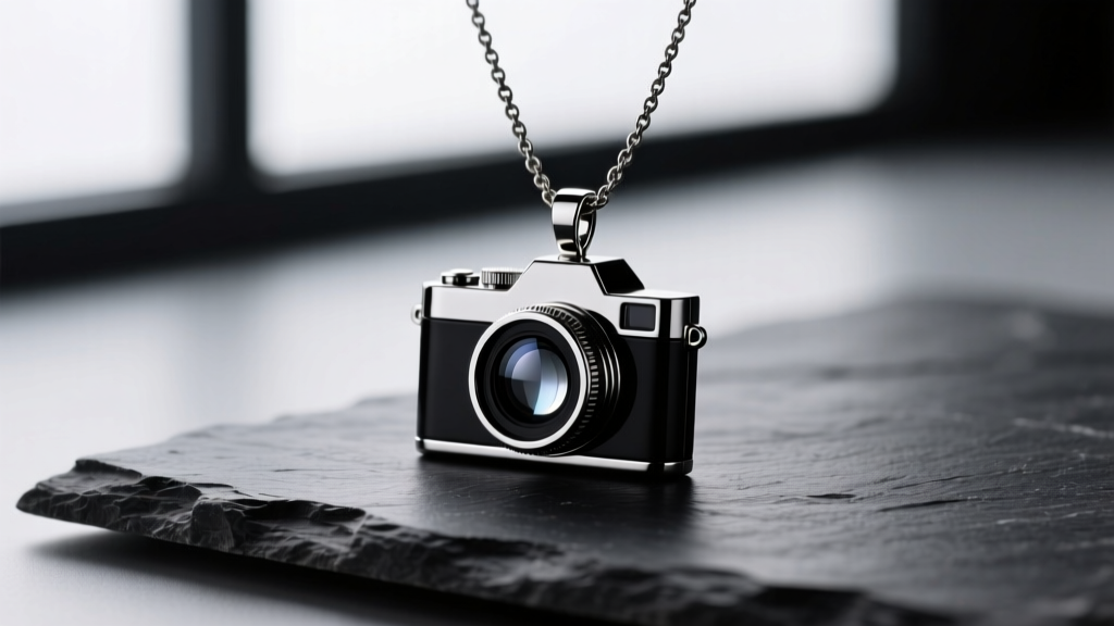 Sleek matte black magnet camera necklace pendant resting on dark slate, soft studio lighting highlighting the central glass lens.