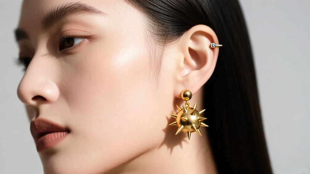 Close-up of a model wearing an 18-gauge gold spiky ball dangle earring, showing proper lobe support and clear hair spacing.