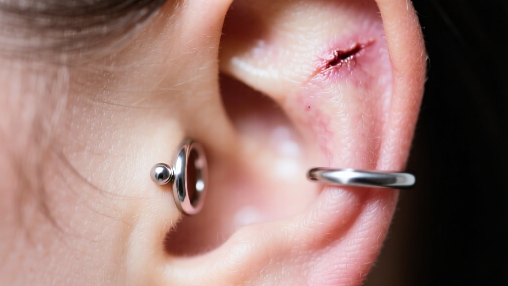 Close-up of a healed 16-gauge implant-grade titanium daith piercing clicker ring with a subtle matte finish on a human ear.