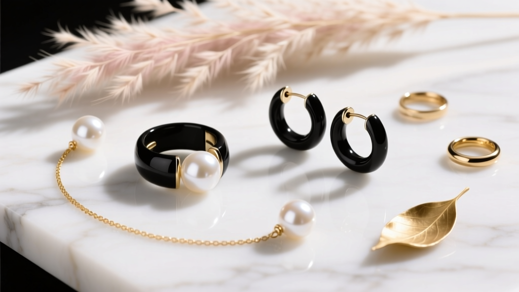 Flat lay of modern black and white pearl ear cuffs and huggies on marble, styled with dried pampas grass and subtle gold accents.