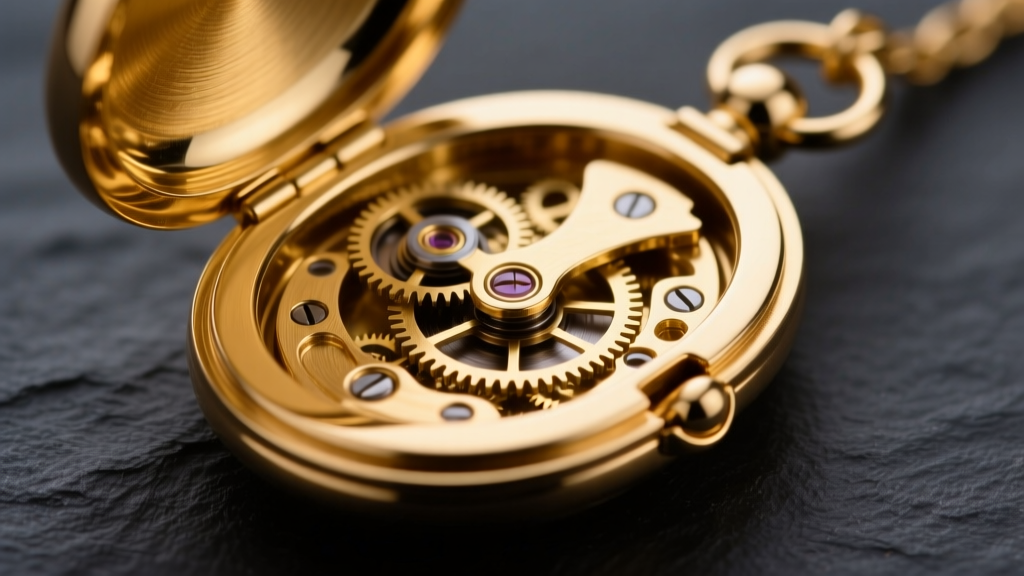 Macro shot of an 18k gold vermeil oval locket showing the hinge mechanism and rich gold plating against a dark slate background