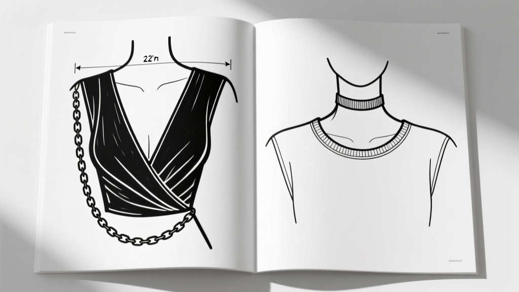 Line art sketch of a V-neck with a 22-inch chain and a crew neck with a 16-inch choker, black ink on white paper.