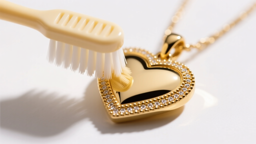 Macro shot of a soft-bristled baby toothbrush gently scrubbing the intricate milgrain edges of a 14k yellow gold heart pendant