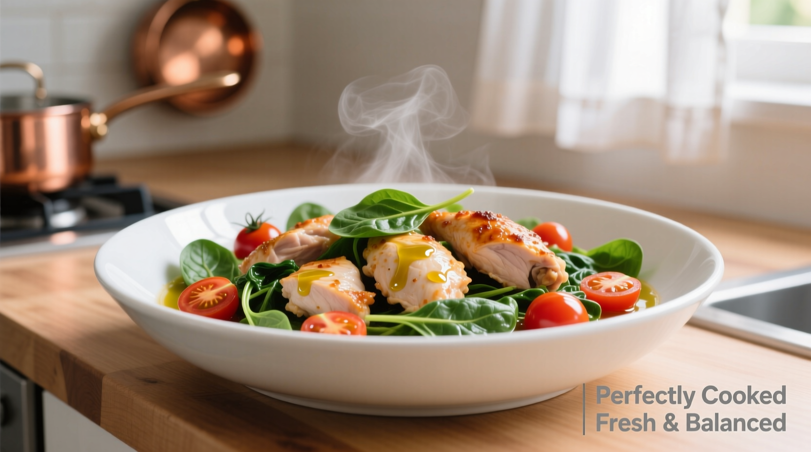 Perfectly cooked chicken spinach tomato dish in white bowl