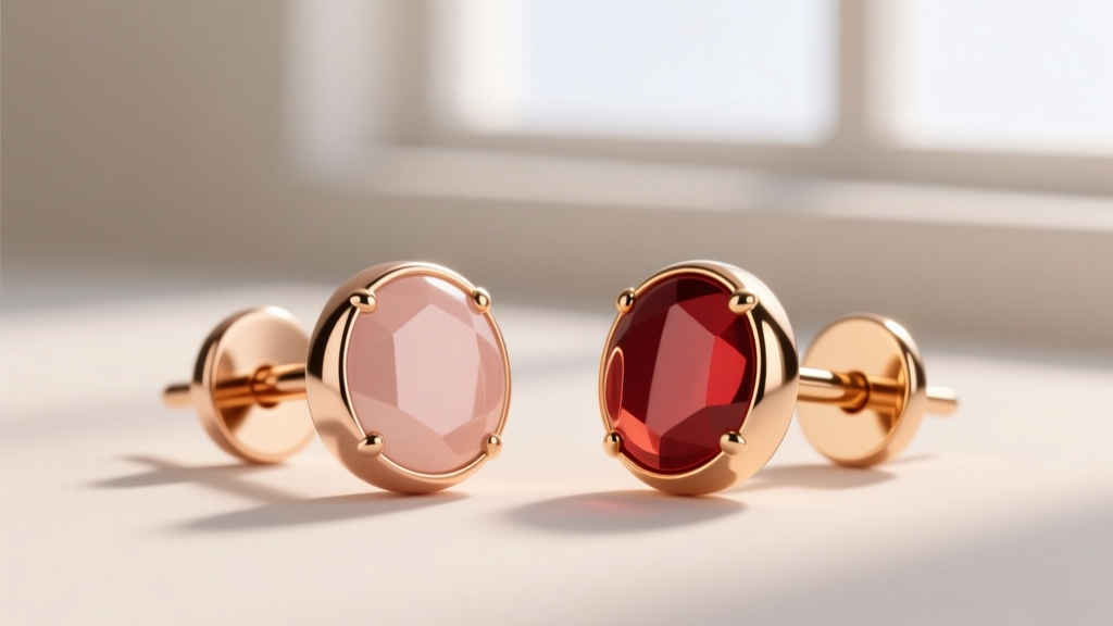 Side-by-side view of 14k and 18k rose gold earrings studs showing subtle color shifts in copper alloy warmth and metal finish