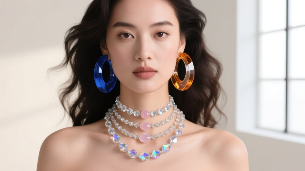 Editorial shot of a model wearing layered crystal fashion chokers and oversized acrylic hoop earrings against a studio backdrop.