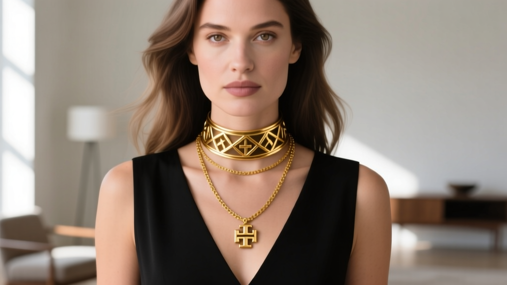 Portrait of a woman wearing a layered stack with a 16-inch gold choker and a 32-inch Tory Burch long necklace over a black V-neck