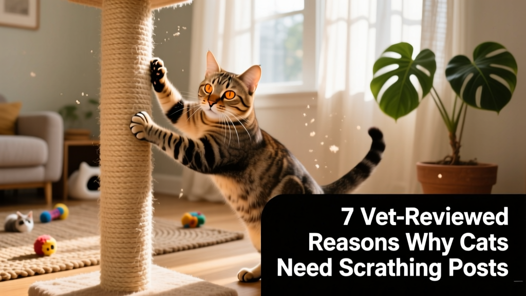 A tabby cat confidently scratching a sturdy vertical FurPetVo scratching post with sisal rope
