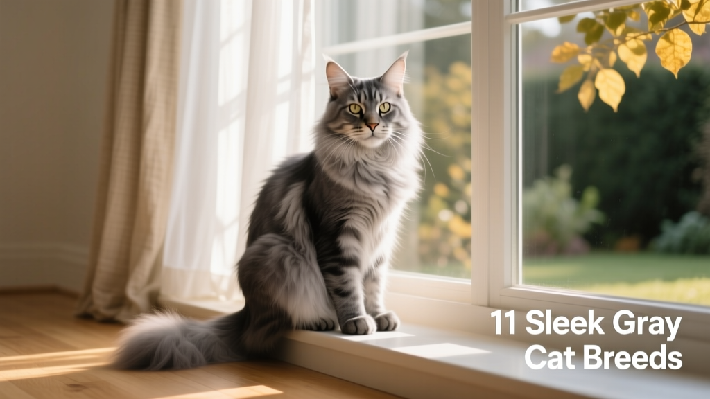 A sleek gray Maine Coon sitting calmly on a sunlit windowsill, showing off its large size and expressive eyes