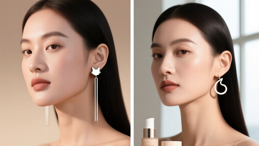 Styling comparison showing a round face wearing long linear cat drop earrings and a square face wearing curved cat dangles
