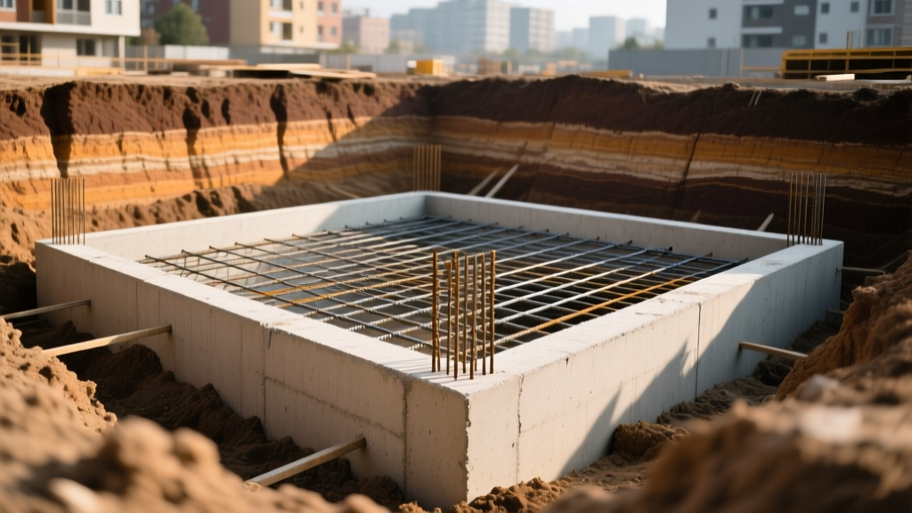 Excavated residential building site showing poured concrete T-shaped foundation walls with rebar grids against layered clay soil