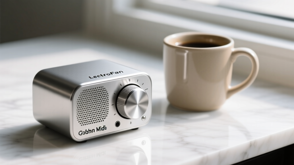 Close-up of LectroFan Chrome Gadget Midi showing brushed metallic volume dial and compact footprint next to a standard coffee mug.