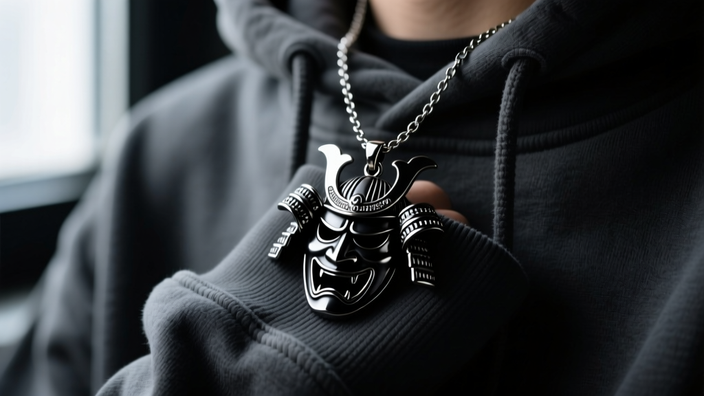 Close-up of a matte black stainless steel samurai mask pendant on a 4mm box chain, resting on a dark streetwear hoodie, moody lighting.